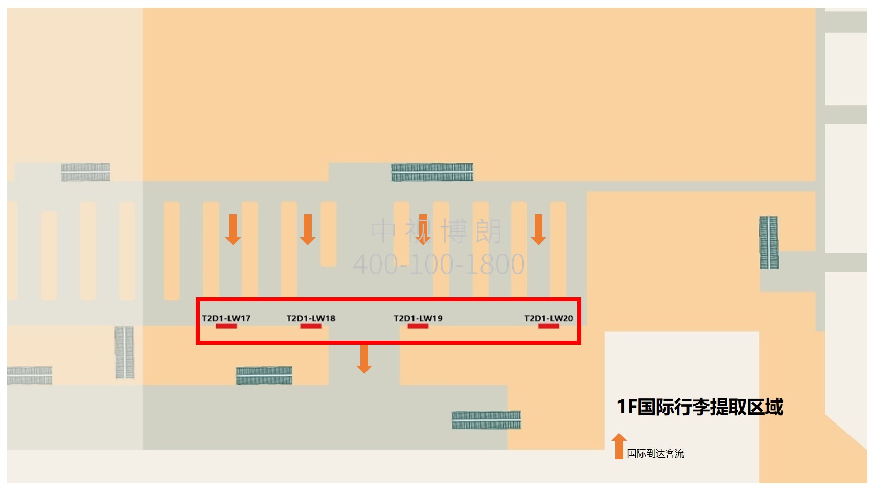 广州机场广告-T2国际到达行李厅地标灯箱套装点位图